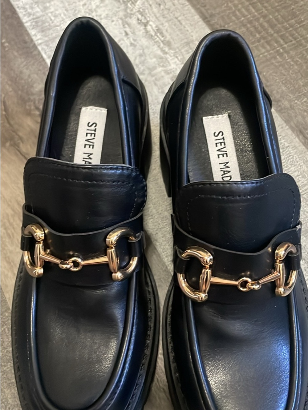 Steve Madden Black Women's Bit Heeled Loafers with Gold Hardware